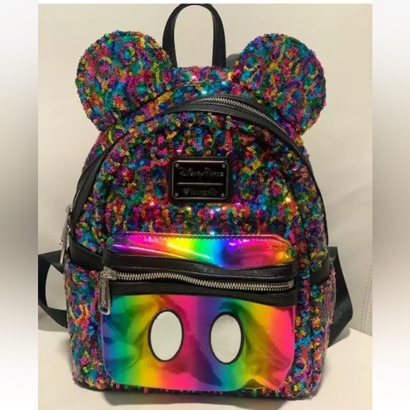 Disney Park Loungefly Sequin Mickey Mouse Rainbow Mini Backpack 2019 RARE - Picture 2 of 6